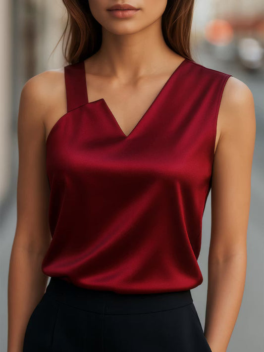 Sleek Asymmetrical Neck Satin Blouse