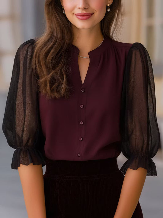 Valora - Sheer Puff Sleeve Button-Up Blouse