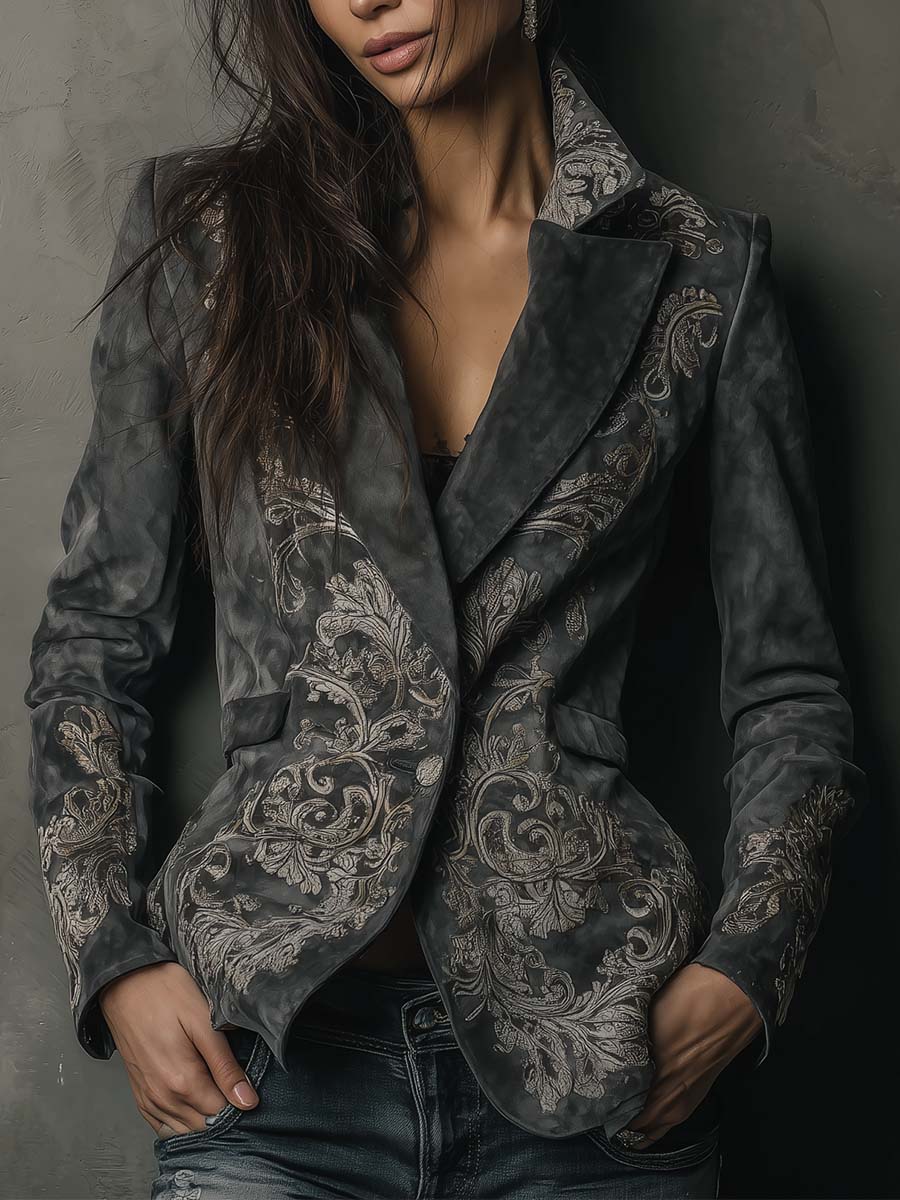Embossed Floral Eco-Suede Blazer In Charcoal Taupe