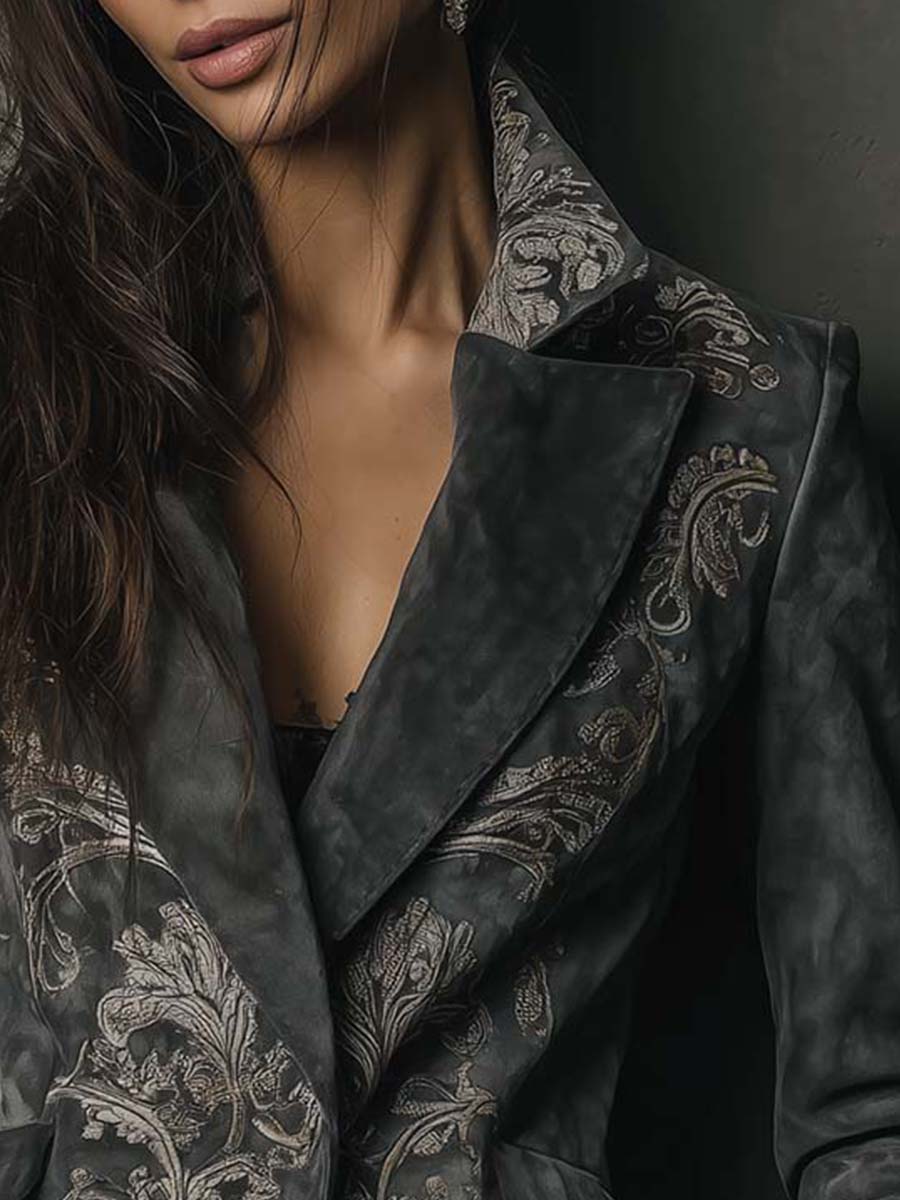 Embossed Floral Eco-Suede Blazer In Charcoal Taupe