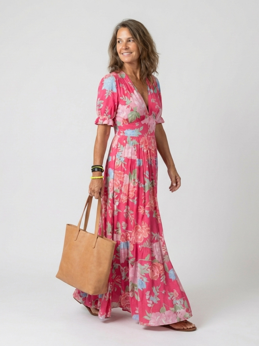 Ione | Short Sleeve V Neck Floral Midi Dress