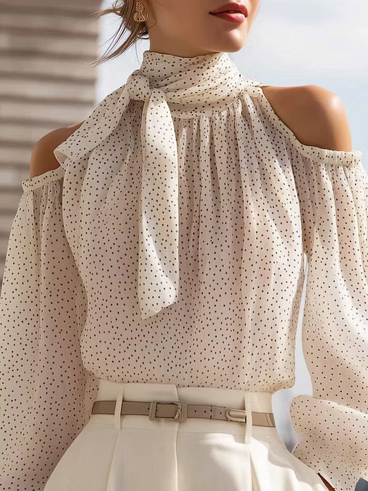 Polka Dot Cold-Shoulder Chiffon Blouse With Scarf Tie